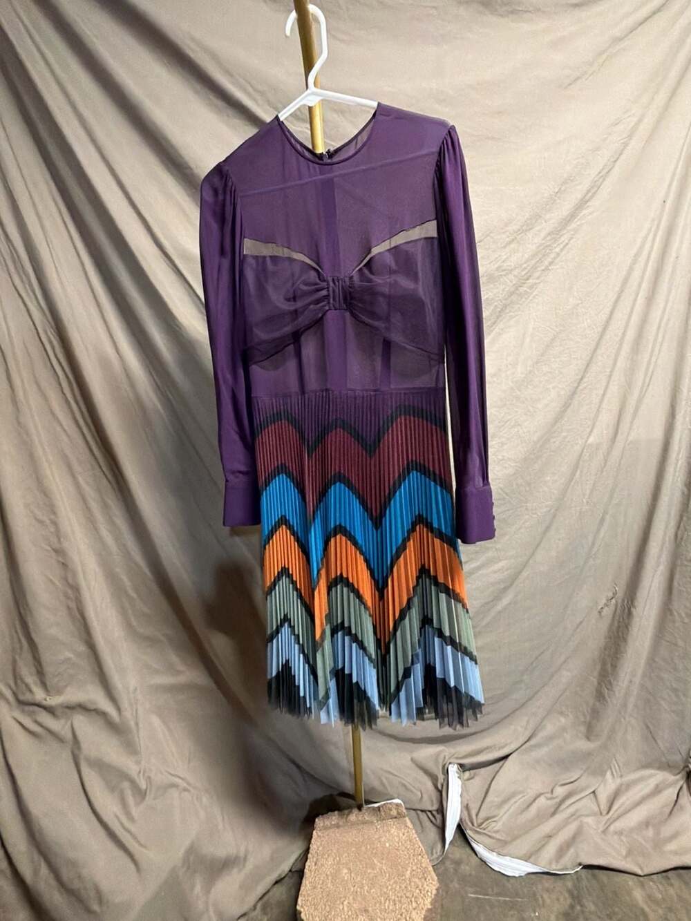 Mary Katrantzou Purple Silk Blend Chevron Pleated Long Sleeve Midi Dress